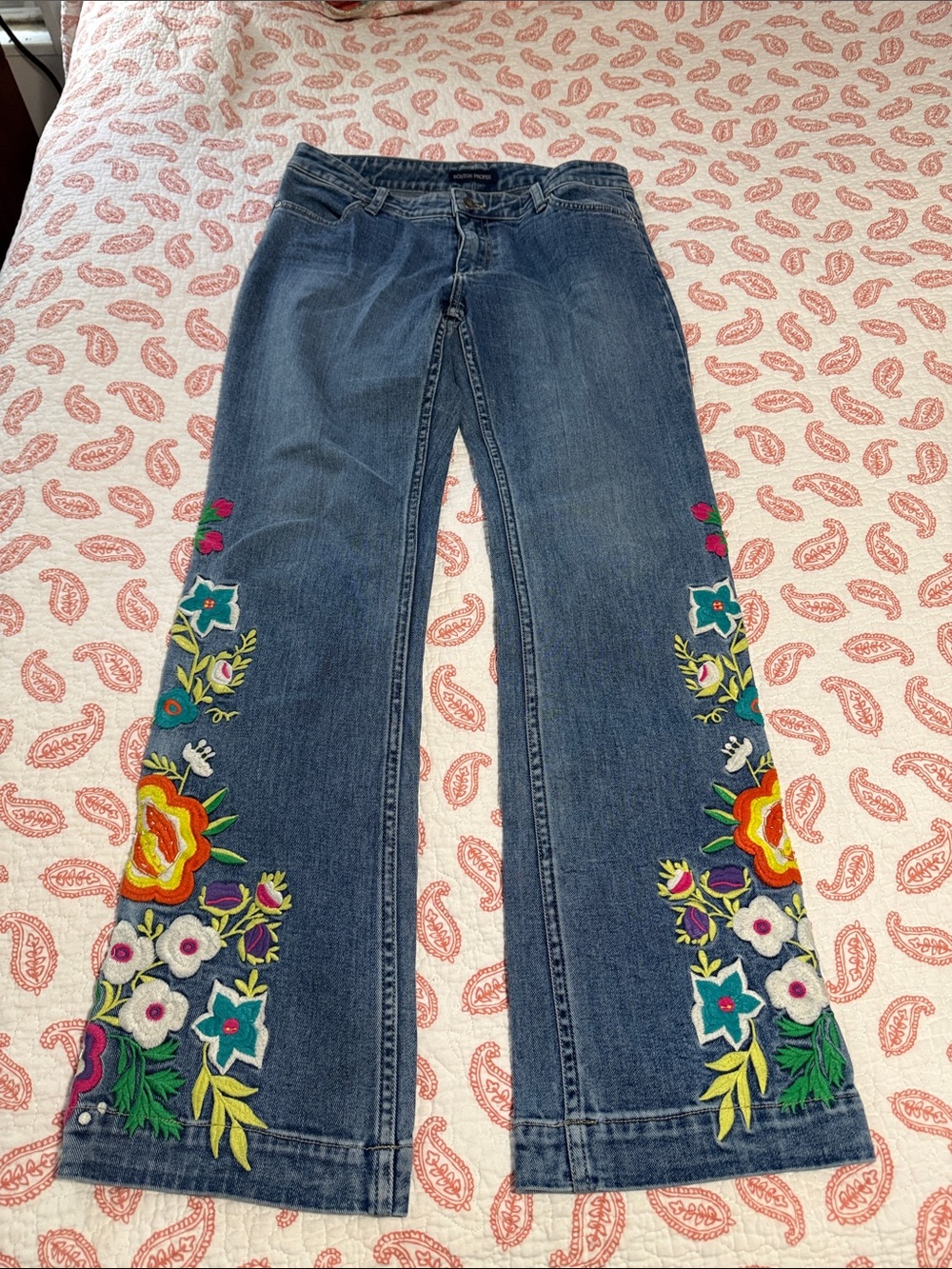 Boston Proper Blue Flare Jeans with Multicolor Floral Embroidery